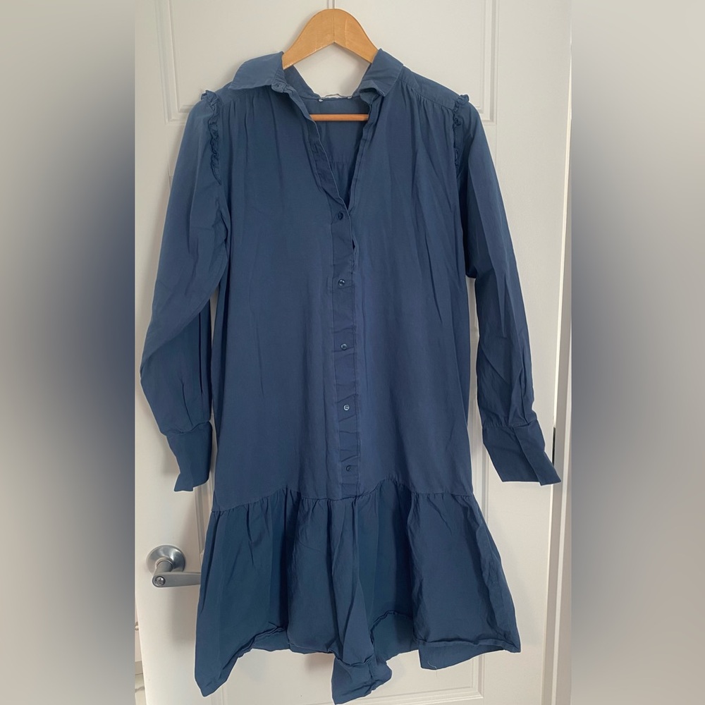 Zara Dusty Blue Prairie Shirt Dress Small Cottagecore Boho Button Front - Picture 2 of 8